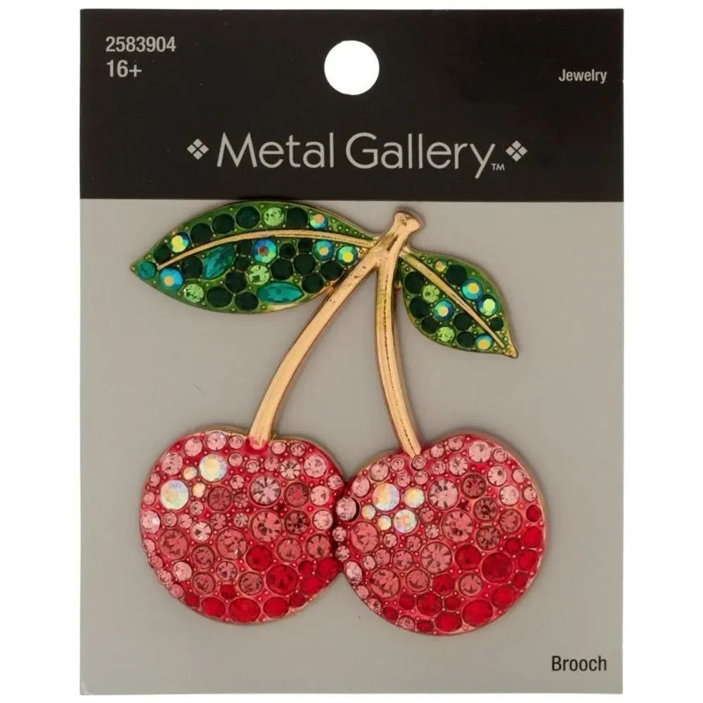 New Metal Gallery Cherries Rhinestone Brooch